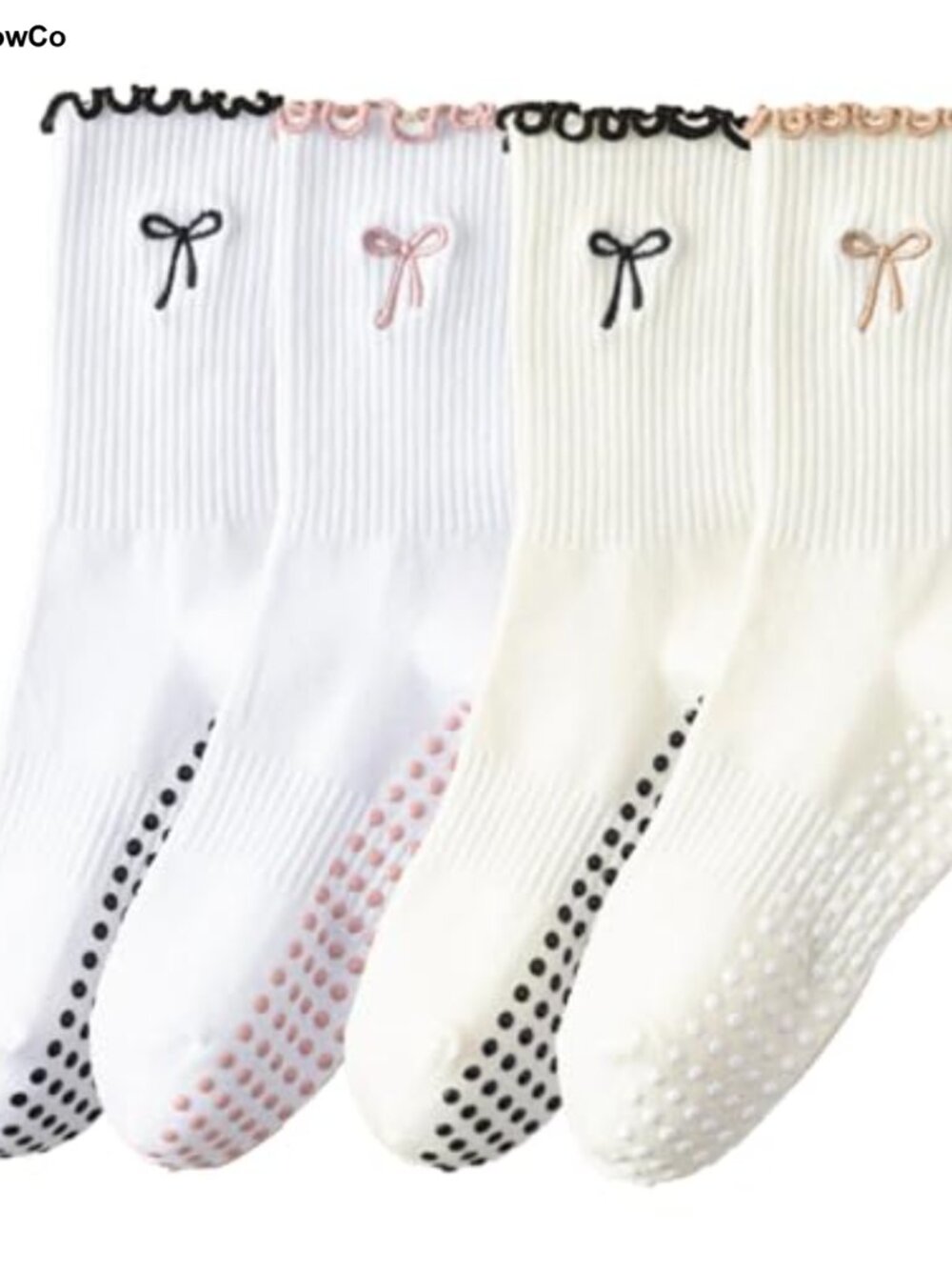 Ruffle Yoga Socks for Women Non-Slip Pilates Socks with Grips Cute Bow 4-Pack